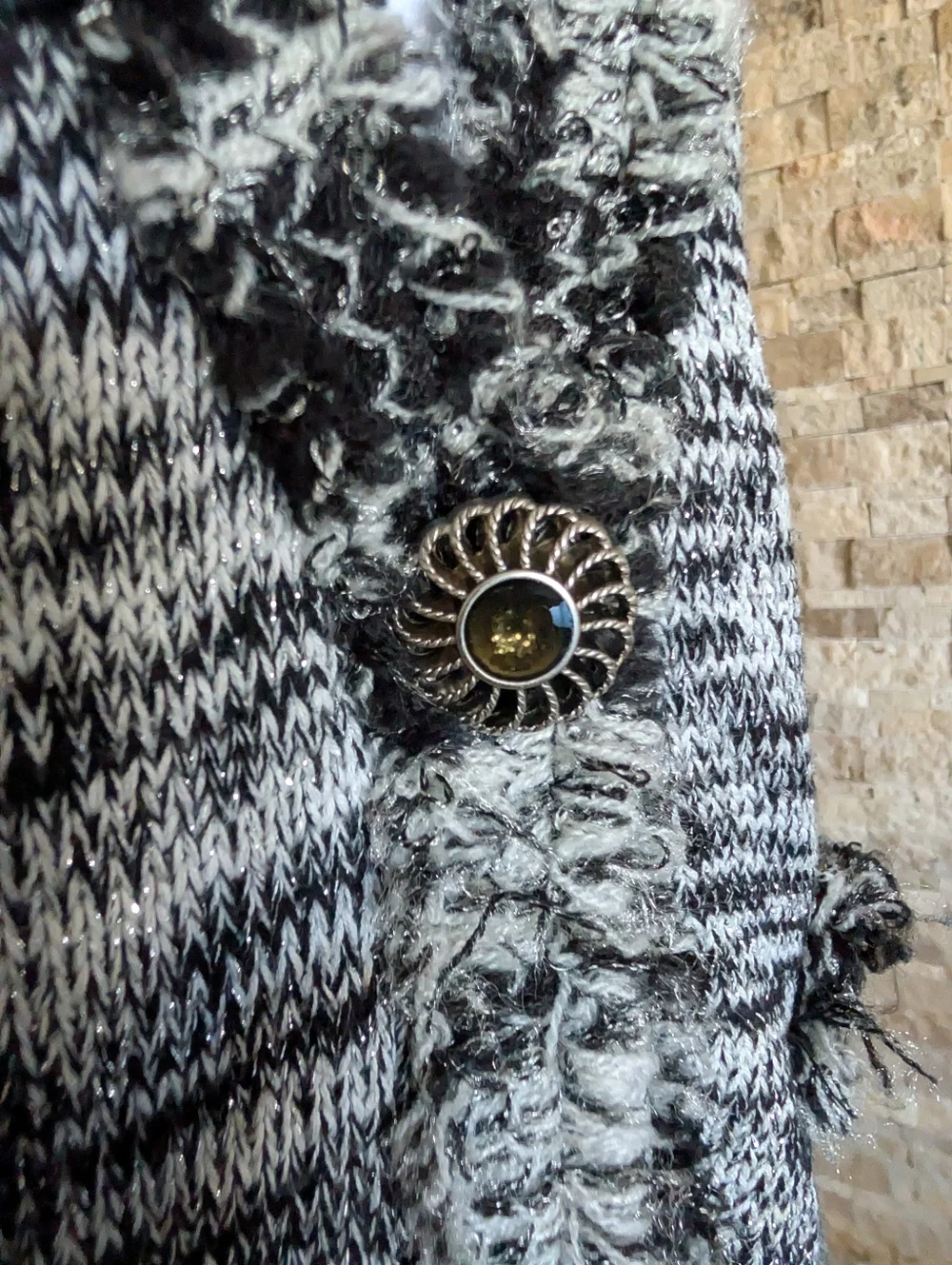 Tweed Knit Cardigan Jacket Black Cream Frayed Trim Chanel Style Sz Small Classic